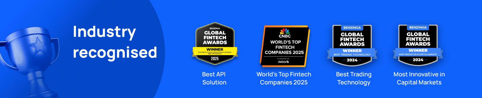 Industry recognised — Best API Solution; World's Top Fintech Companies 2025; Best Trading Technology; Most Innovative in Capital Markets
